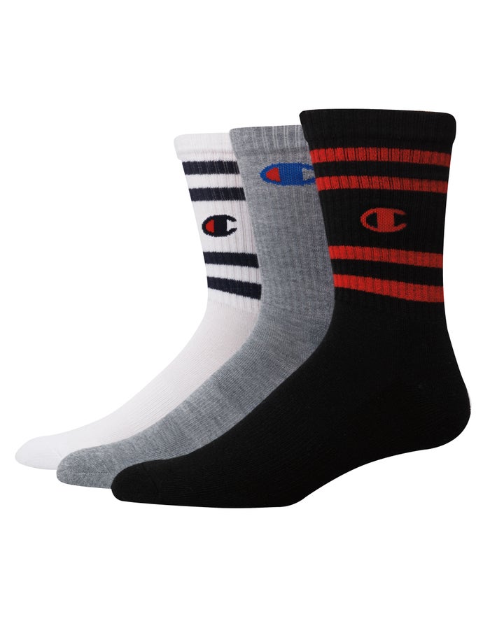 Champion Mens Socks NZ - Crew C Logo 3-Pairs White/Black/Grey ( 5108-KIXAU )